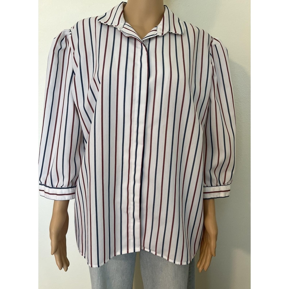 Vintage Career Quest 70s 80s Striped Button Up USA Puff Sleeve Shirt Sz L Retro